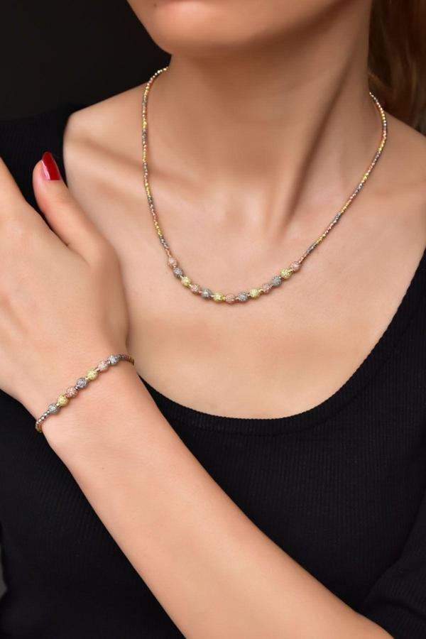 925 Ayar Gümüş Üç Renk Sim Dorika Toplu Kolye Ve Bileklik Set - Image 1