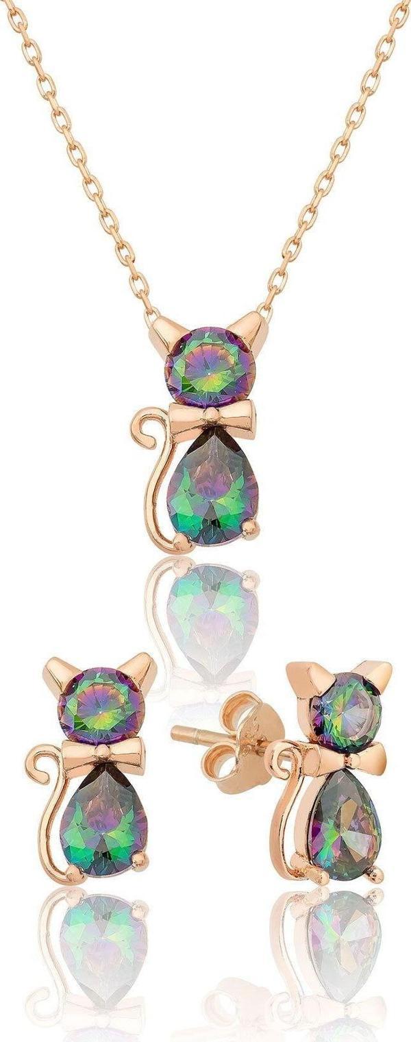 925 Ayar Mistik Topaz Taşlı Gümüş Kedi Küpe Kolye Set - Image 1
