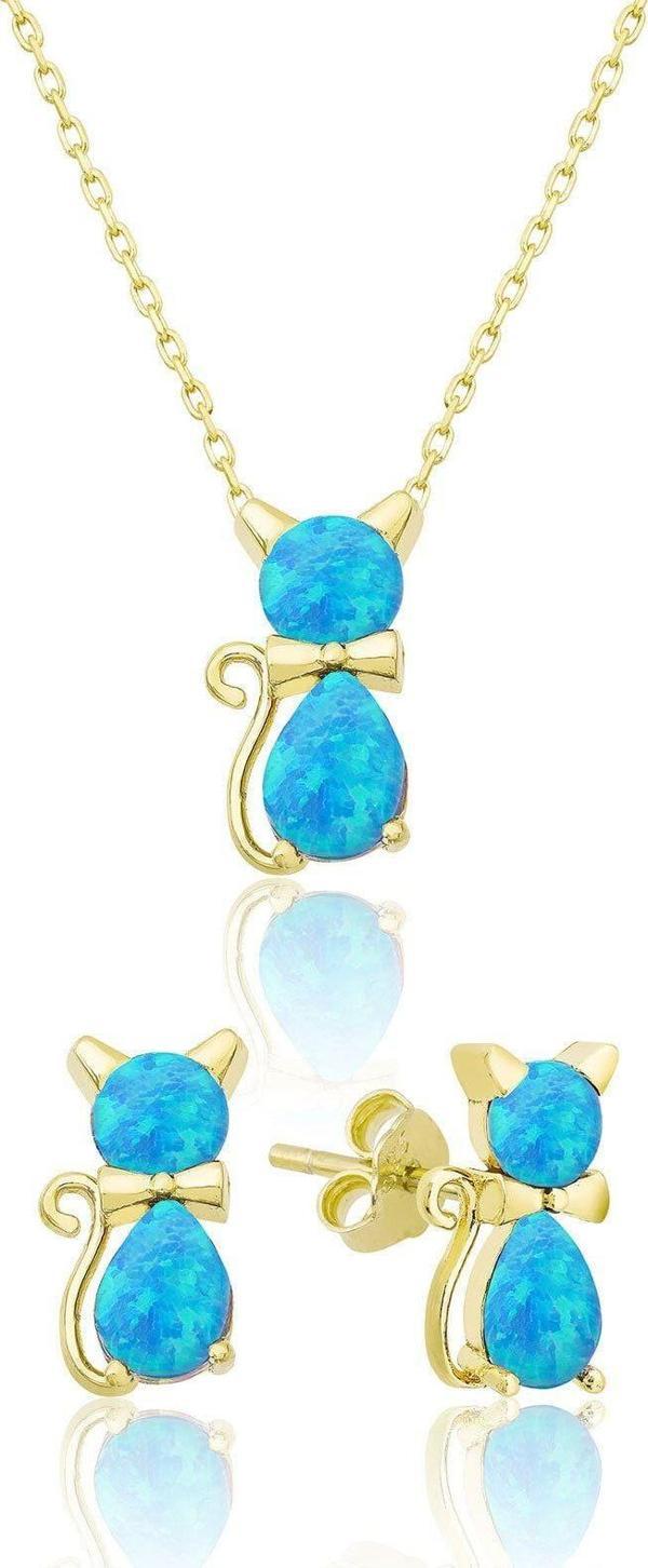 925 Ayar Opal Taşlı Kedi Gümüş Kadın Küpe Kolye Set Altın Kaplama - Image 1