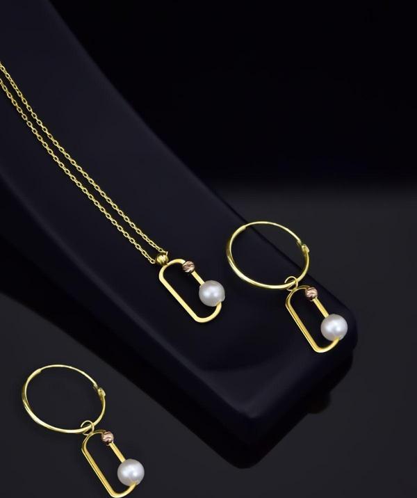 925 Ayar Gümüş Gold Kaplama Dorika Toplu Incili Ataç Kolye Ve Küpe Set - Image 1