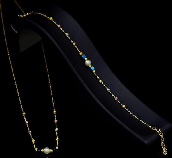 925 Ayar Gümüş Gold Kaplama Incili , Lacivert Kare Boncuklu Set - Image 1
