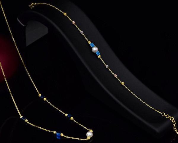 925 Ayar Gümüş Gold Kaplama Incili ,Dört Lacivert Kare Boncuklu Set - Image 1