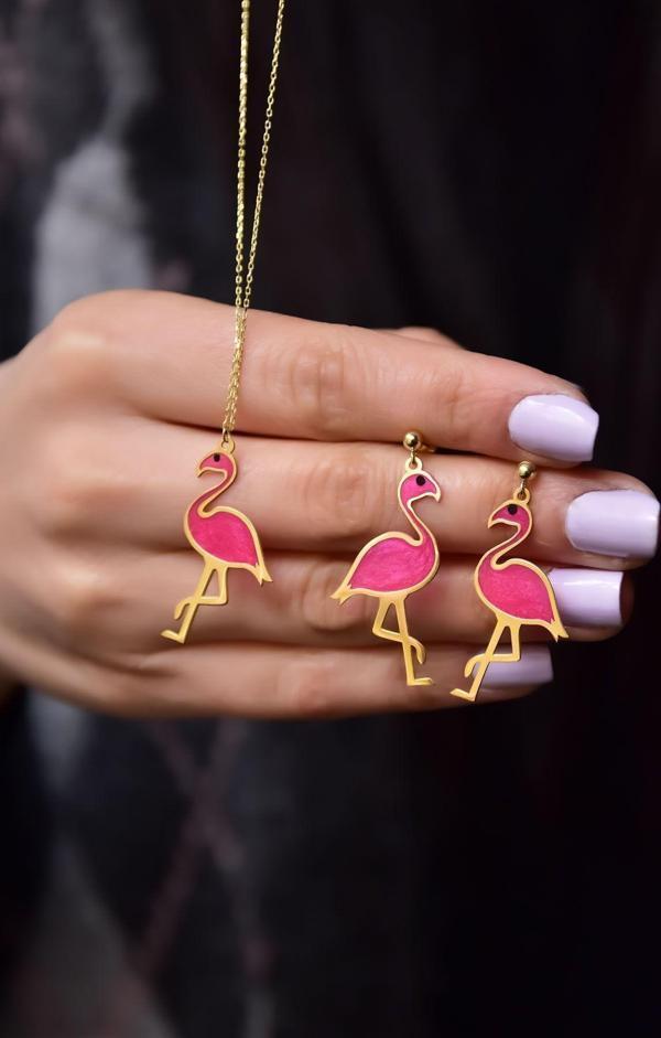 925 Ayar Gümüş Gold Kaplama Incili Parlayan Rüya Serisi Tasarım Ebruli Cam Boyalı Flamingo Set - Image 1