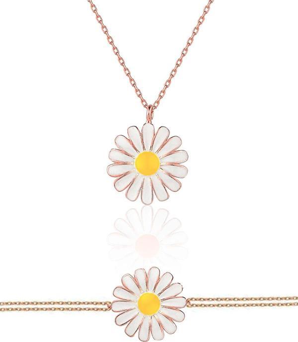 925 Ayar Rose Altın Mineli Gümüş Papatya Kolye Bileklik Set - Image 1
