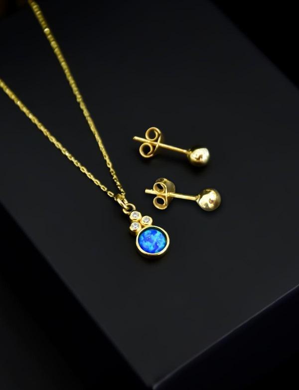 925 Ayar Gümüş Gold Kaplama Mavi Opal Yuvarlak Kolye Çivili Top Küpe Set - Image 1