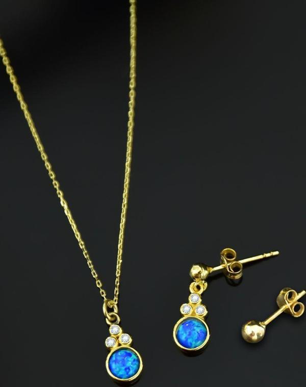 925 Ayar Gümüş Gold Kaplama Mavi Opal Yuvarlak Kolye Çivili Ve Top Küpe Set - Image 1