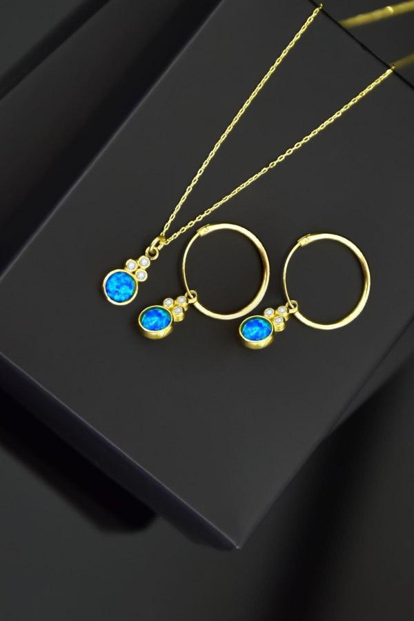 925 Ayar Gümüş Gold Kaplama Mavi Opal Yuvarlak Kolye Ve Çift Halka Küpe - Image 1