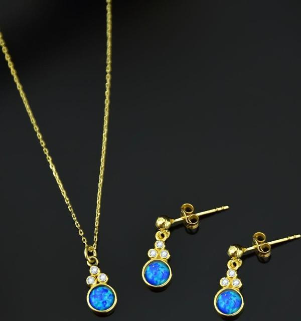 925 Ayar Gümüş Gold Kaplama Mavi Opal Yuvarlak Kolye Ve Çiftli Küpe - Image 1