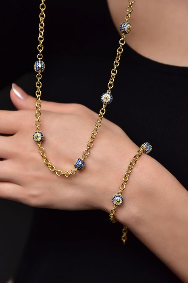 925 Ayar Gümüş Gold Kaplama Nazar Göz Kolye Ve Bileklik Set - Image 1