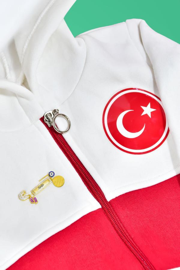 925 Ayar Gümüş Pembe Ayaklı Isimli Bebek İğnesi , Türkiye Armalı Kapişonlu Bebek Eşofmanı Hediye - Image 1