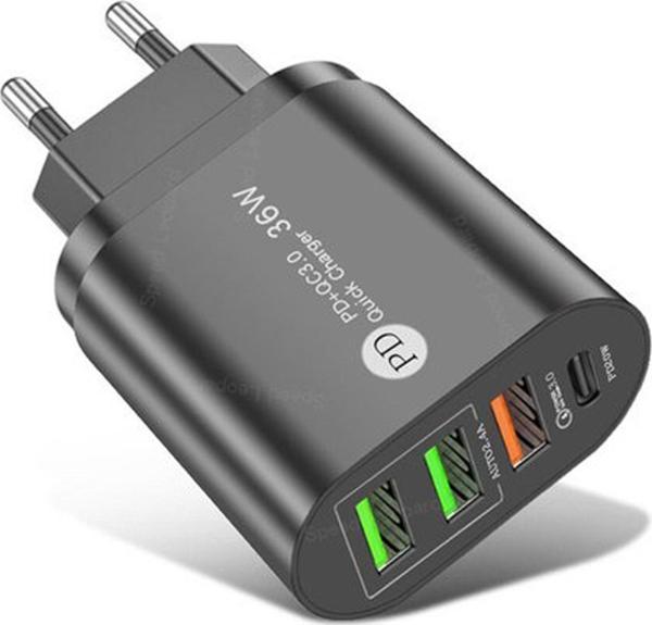 Winex Mobile 36W Pd20W+3Usba 4 Çıkışlı Ev Tipi Şarj Aleti Başlığı Siyah - Image 1