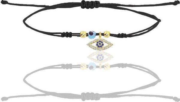 Gümüş altın yaldızlı zirkon taşlı nazarlı mekik göz siyah ipli şans bileklik  - Image 1
