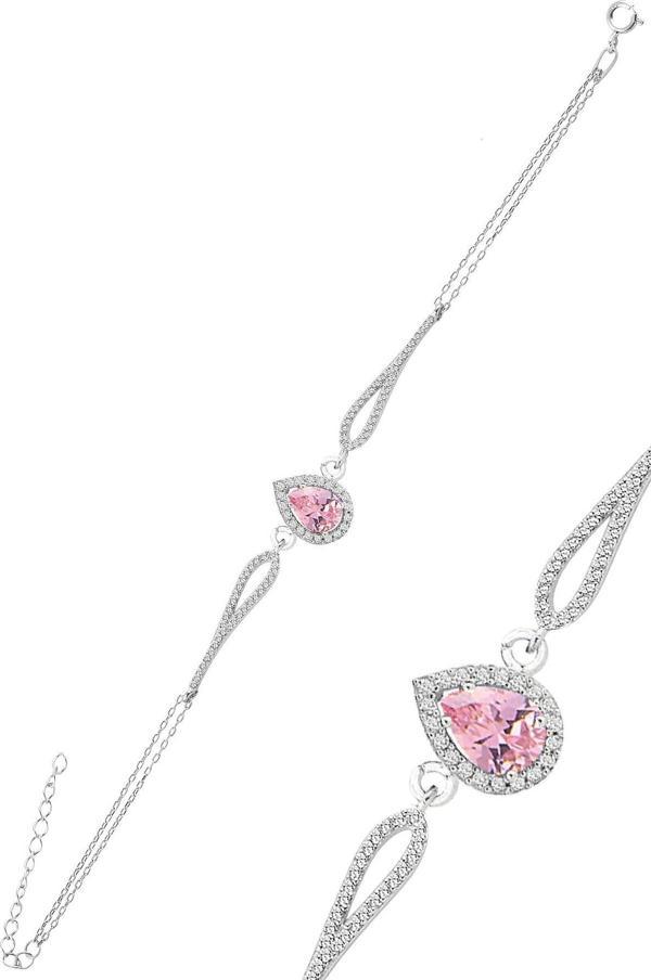 Gümüş rodyumlu pembe zirkon taşlı pırlanta modeli damla bileklik  - Image 1