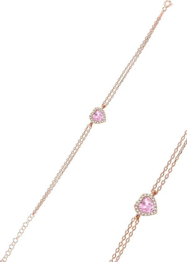 Gümüş Rose Pırlanta Modeli Pembe Zirkon Taşlı Kalp Bileklik  - Image 1