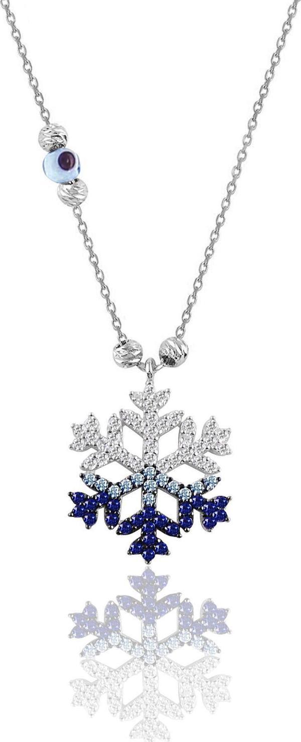 Gümüş rodyumlu zirkon taşlı  nazar boncuklu kar tanesi kolye  - Image 1