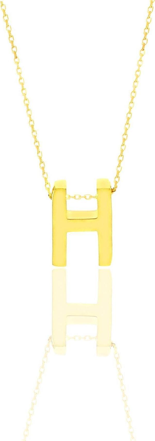 Gümüş altın yaldızlı üç boyutlu minimal H harf kolye  - Image 1