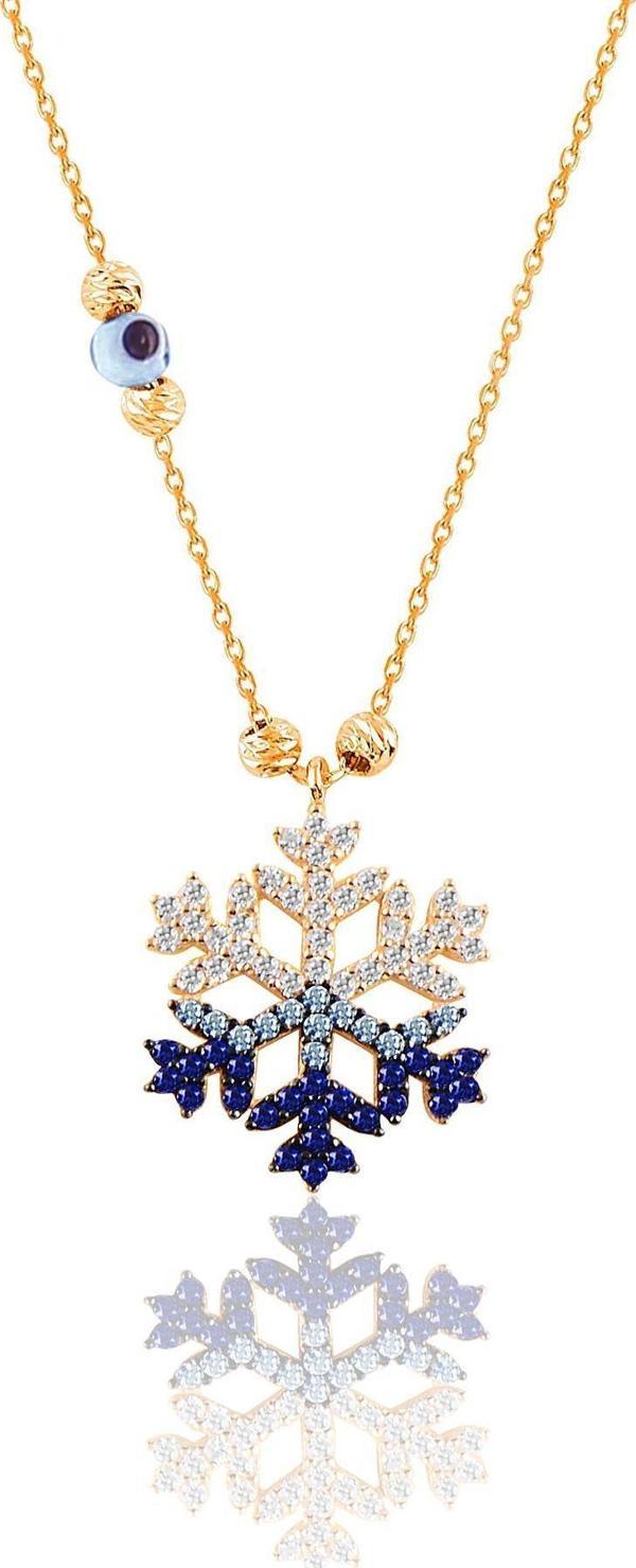 Gümüş altın yaldızlı zirkon taşlı  nazar boncuklu kar tanesi kolye  - Image 1