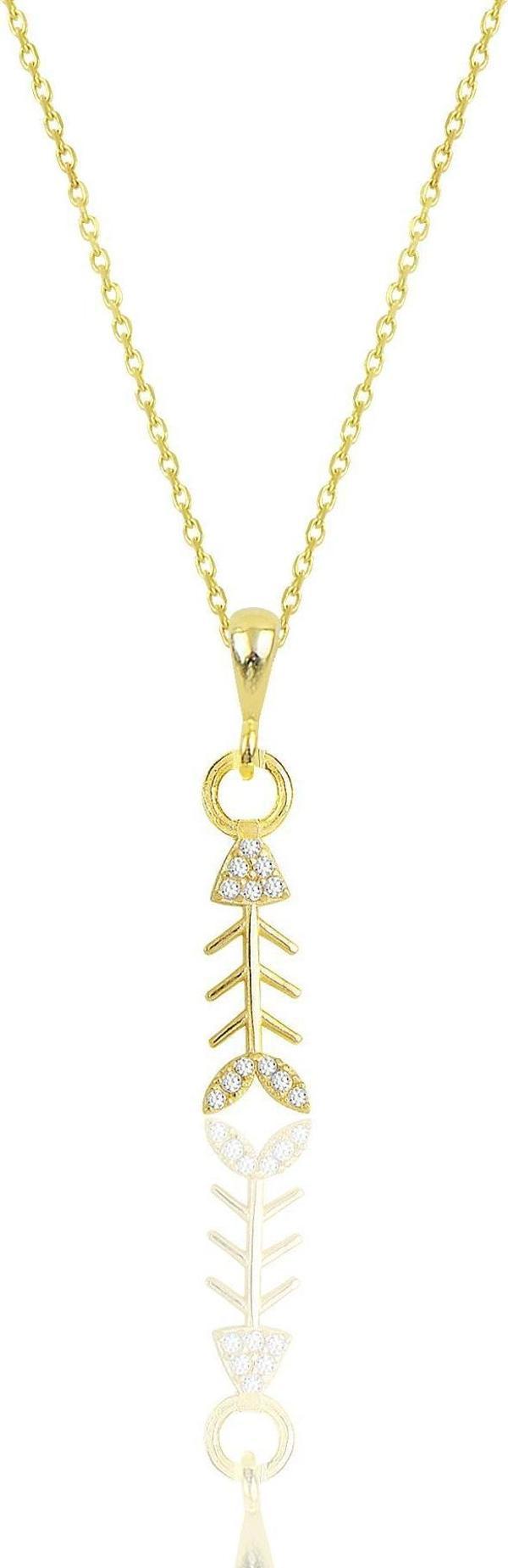 Gümüş altın yaldızlı zirkon taşlı balık kılçığı modeli kolye  - Image 1
