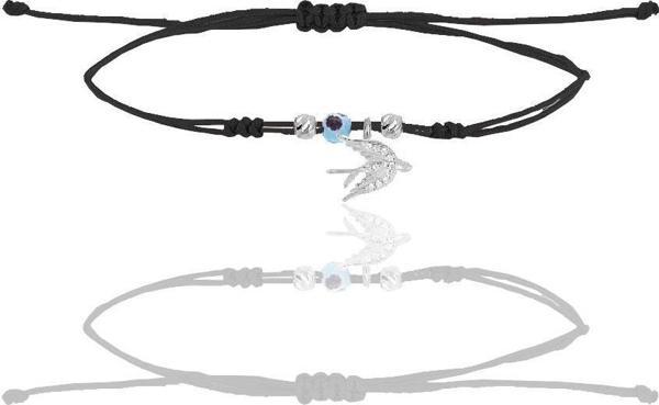 Gümüş rodyumlu zirkon taşlı nazarlı kırlangıç siyah ipli şans bileklik  - Image 1