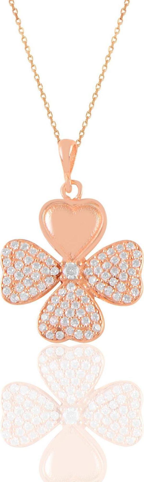 Gümüş rose zirkon taşlı dört yapraklı yonca kolye  - Image 1