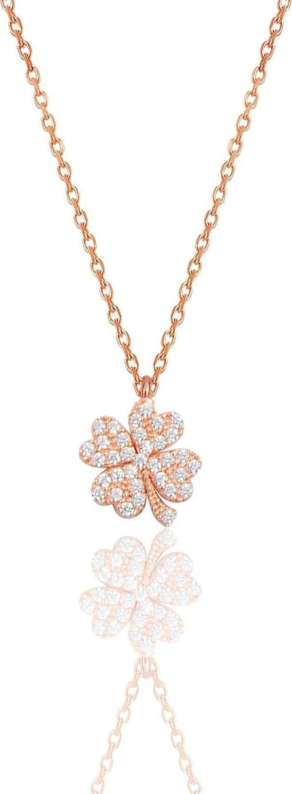 Gümüş rose zirkon taşlı dört yapraklı yonca kolye  - Image 1