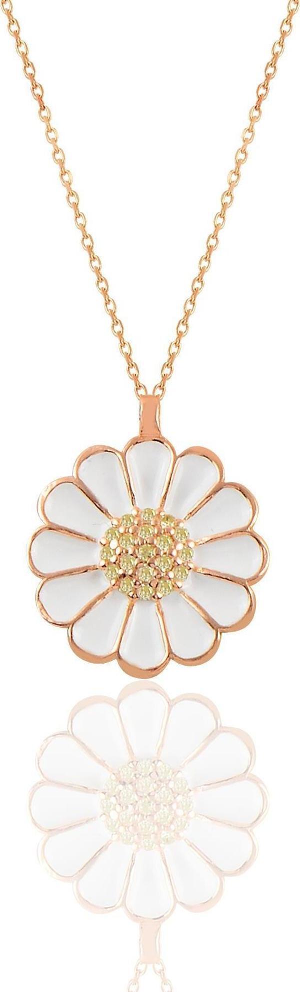 Gümüş rose zirkon taşlı papatya kolye   - Image 1