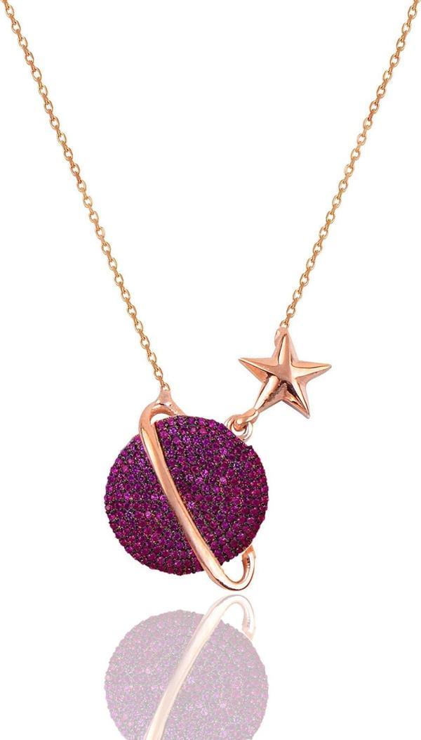 Gümüş rose fuşya taşlı satürn gezegen kolye  - Image 1