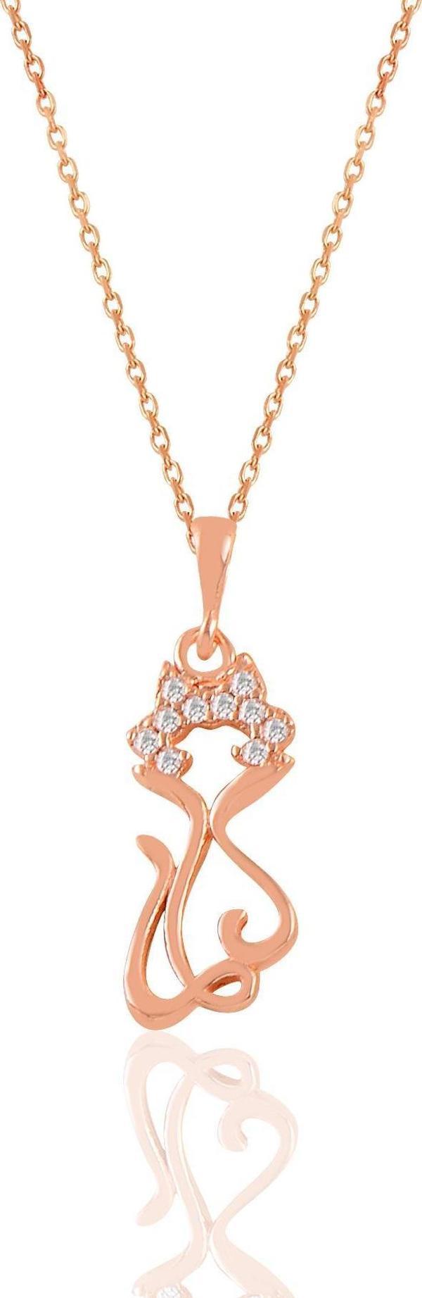 Gümüş rose zirkon taşlı süslü kedi kolye  - Image 1