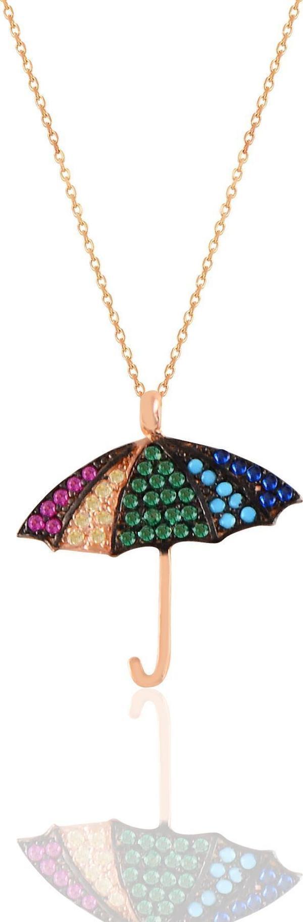 Gümüş rose renkli taşlı şemsiye kolye   - Image 1