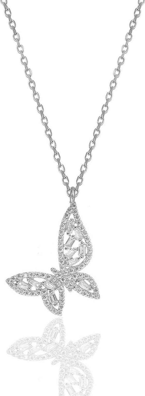 Gümüş rodyumlu baget kesim zirkon taşlı kelebek kolye  - Image 1