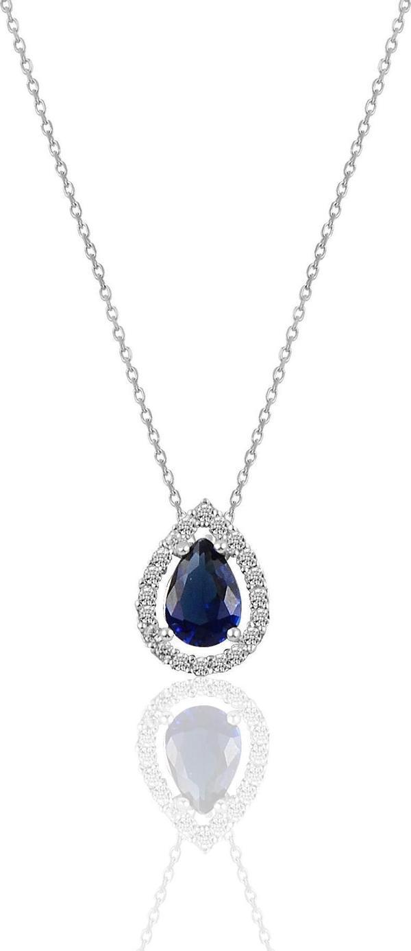 Gümüş rodyumlu safir taşlı damla modeli kolye  - Image 1