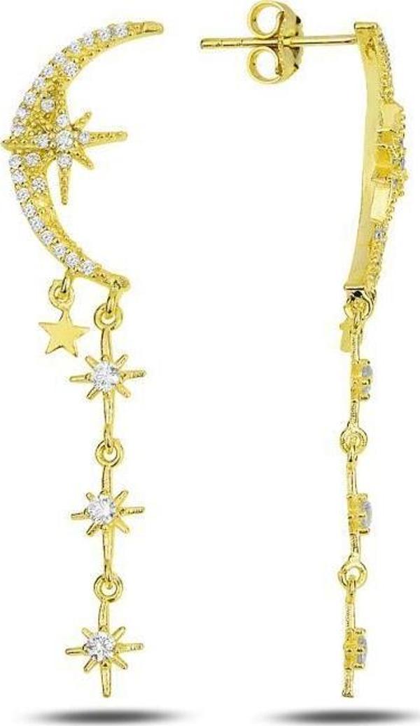 Gümüş altın yaldızlı zirkon taşlı tasarım ay , kutup yıldızı sallantılı küpe  - Image 1