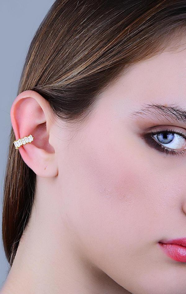 Gümüş altın yaldızlı baget kesim zirkon taşlı sıkıştırmalı kıkırdak küpe ear cuff  - Image 1