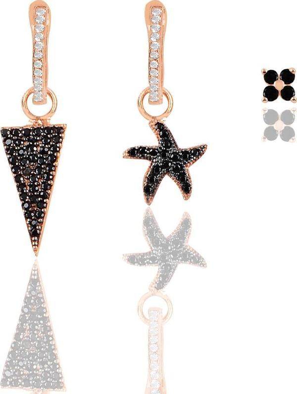 Gümüş rose onix taşlı piramit Kombin Üçlü Küpe Seti  - Image 1