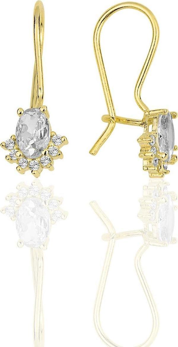 Gümüş altın yaldızlı oval kesim zirkon taşlı pırlanta modeli çengelli küpe  - Image 1