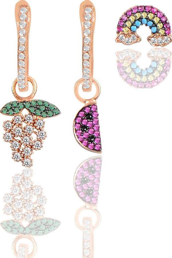 Gümüş rose zirkon taşlı  kombin üçlü küpe seti  - Image 1