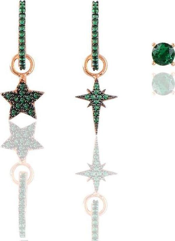 Gümüş rose yeşil taşlı kutup ve deniz yıldızı Kombin Üçlü Küpe Seti  - Image 1