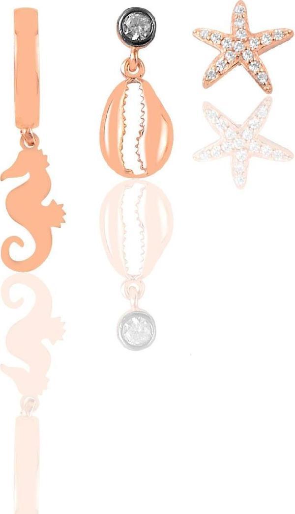 Gümüş rose zirkon taşlı deniz  kombin üçlü küpe seti   - Image 1