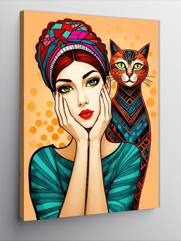 Kanvas Tablo Desenli Kadın Ve Kedi - Image 1