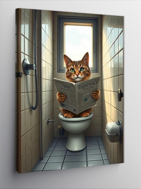 Kanvas Tablo Gazete Okuyan Tuvaletteki Kedi - Image 1