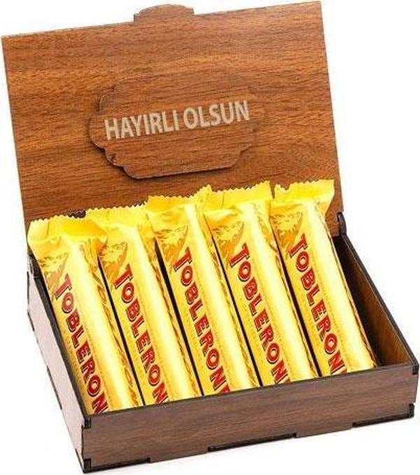 Sevdiklerinize Özel Ahşap Hediye Kutusunda 5 Adet Toblerone ( Hayırlı Olsun Yazılı ) - Image 1
