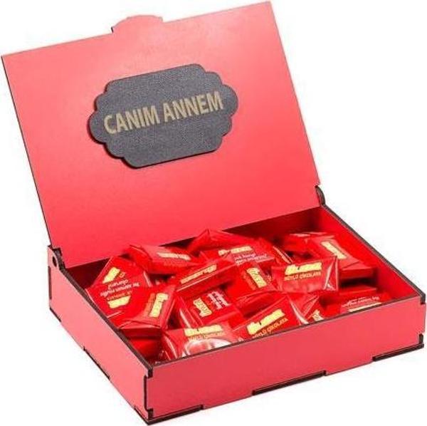 Sevdiklerinize Özel Kırmızı Ahşap Hediye Kutusunda 40 Adet Ülker Napoliten Çikolata ( Canım Annem Yazılı ) - Image 1