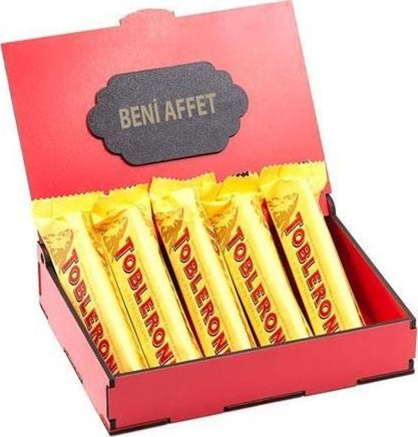 Sevdiklerinize Özel Kırmızı Ahşap Hediye Kutusunda 5 Adet Toblerone ( Beni Affet Yazılı ) - Image 1