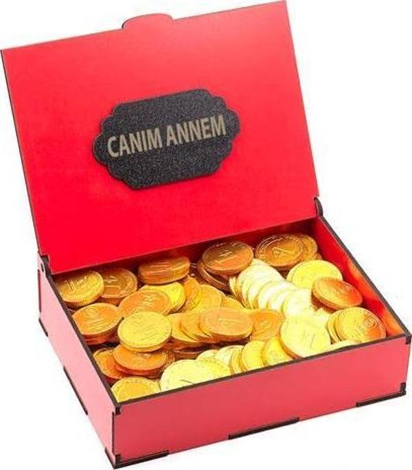 Sevdiklerinize Özel Kırmızı Ahşap Hediye Kutusunda Para Çikolata ( Canım Annem Yazılı ) - Image 1