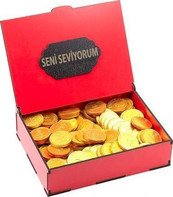 Sevdiklerinize Özel Kırmızı Ahşap Hediye Kutusunda Para Çikolata ( Seni Seviyorum Yazılı ) - Image 1
