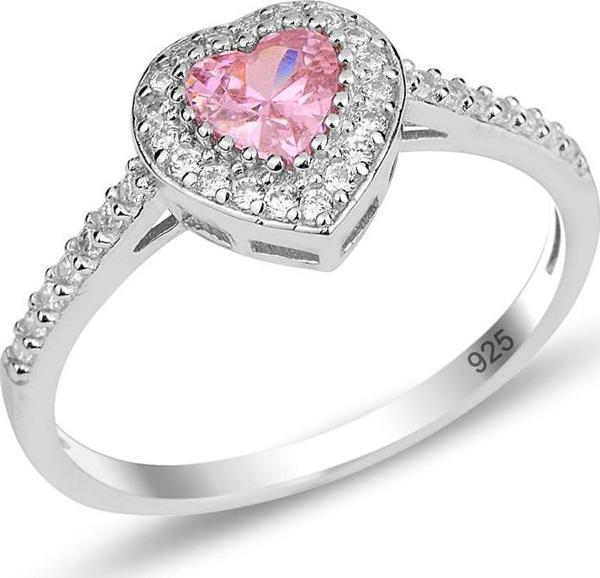 Gümüş Rodyumlu Pırlanta Modeli Pembe Taşlı Kalp Yüzük  - Image 1