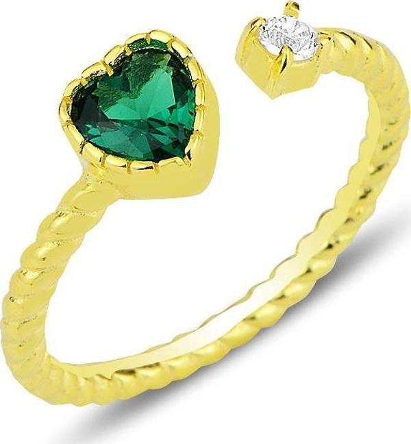 Gümüş altın yaldızlı yeşil taşlı kalp modeli ayarlamalı yüzük  - Image 1