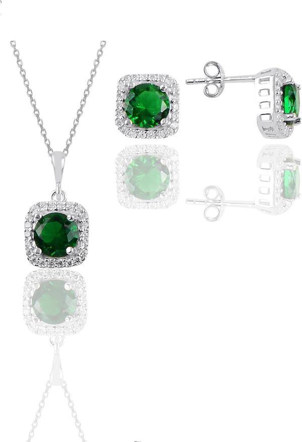Gümüş beyaz altın rodyumlu kök zümrüt taşlı kare ikili set  - Image 1