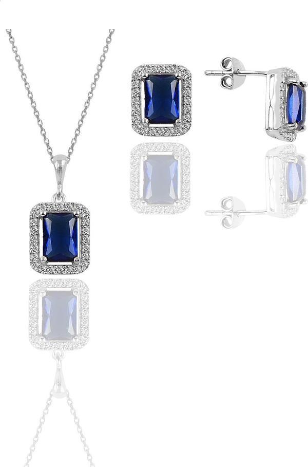 Gümüş rodyumlu safir taşlı baget kesim ikili set  - Image 1