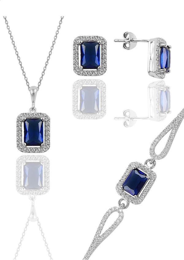 Gümüş rodyumlu safir taşlı baget kesim üçlü set  - Image 1